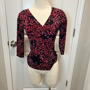 Jennifer Lopez Petite Black Pink Leopard Print Wrap Top 3/4 Sleeve Size XS